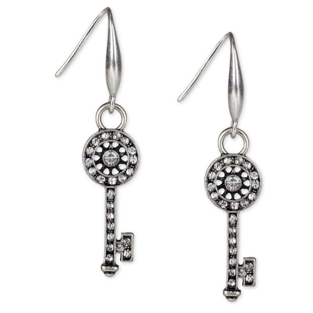 PATRICIA NASH SILVER TONE KEY CHARM DROP EARRINGS NWT